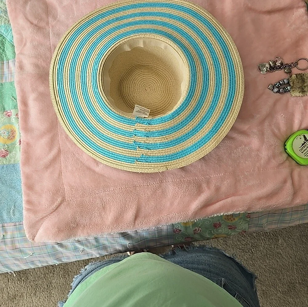 Women's Wide Brim Straw Sun Hat in Natural and Turquoise